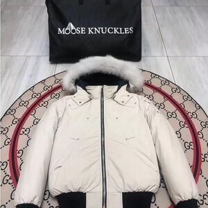 Moose Knuckles Cream and Black Jacket with Fur Trim